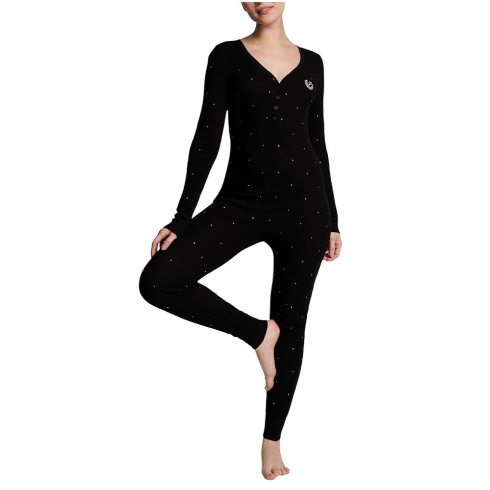 PINK Victoria's Secret Thermal Romper Pajamas Women M Black Rhinestone Henley